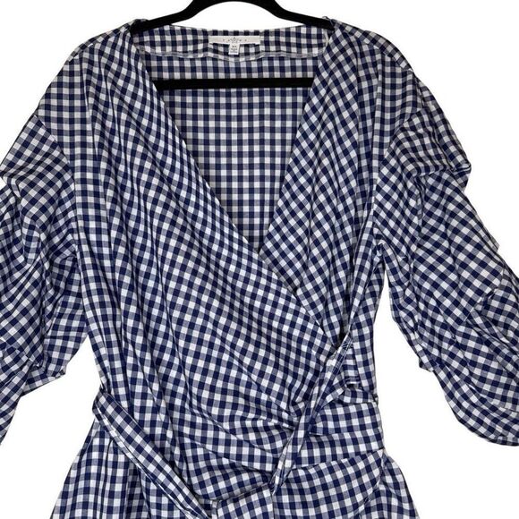 Fever Navy & White Gingham Tiered Full Sleeve True Wrap Top Sz XL Cha Cha, Chic - Picture 2 of 11